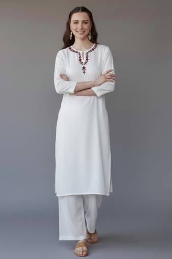 White embroidered rayon kurta set