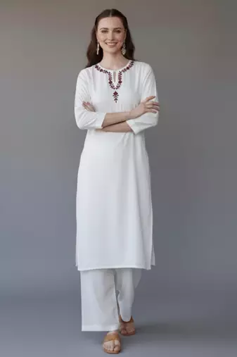 White embroidered rayon kurta set