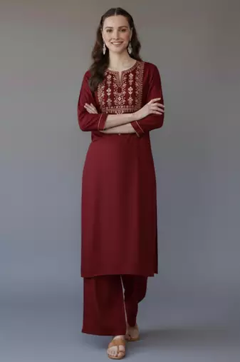 Maroon embroidered rayon kurta set