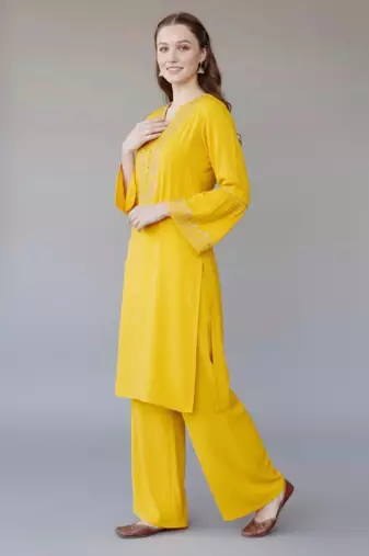Yellow embroidered rayon kurta set