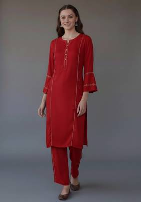 Red embroidered rayon kurta set 1