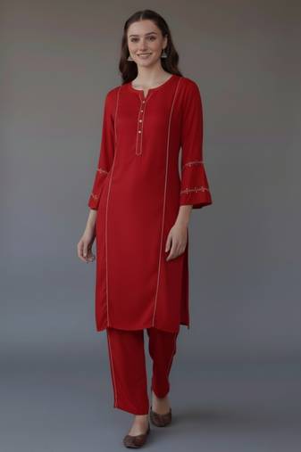 Red embroidered rayon kurta set