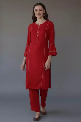 Red embroidered rayon kurta set