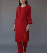 Red embroidered rayon kurta set