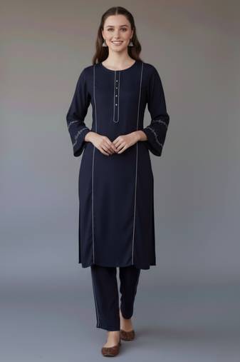 Navy embroidered rayon kurta set