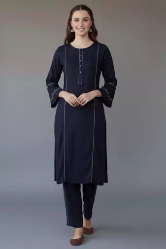 Navy embroidered rayon kurta set