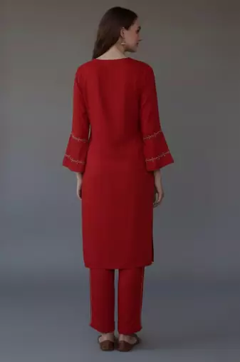 Red embroidered rayon kurta set