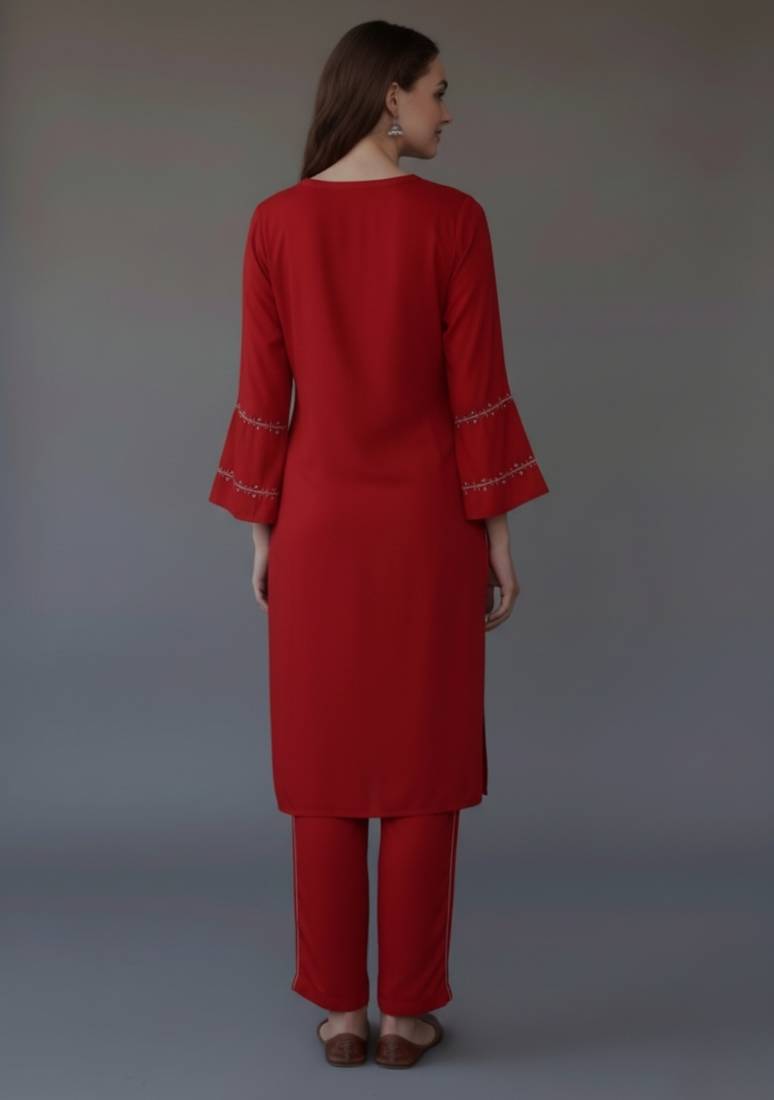 Red embroidered rayon kurta set