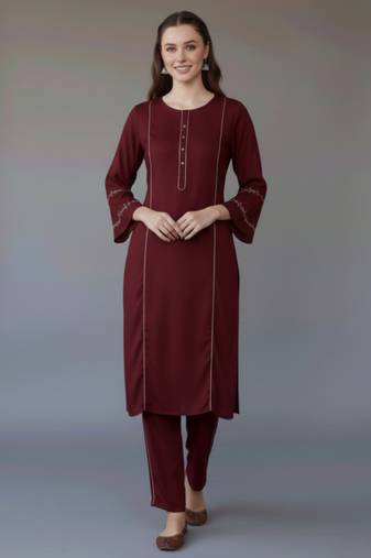 Maroon embroidered rayon kurta set