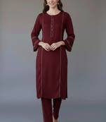 Maroon embroidered rayon kurta set