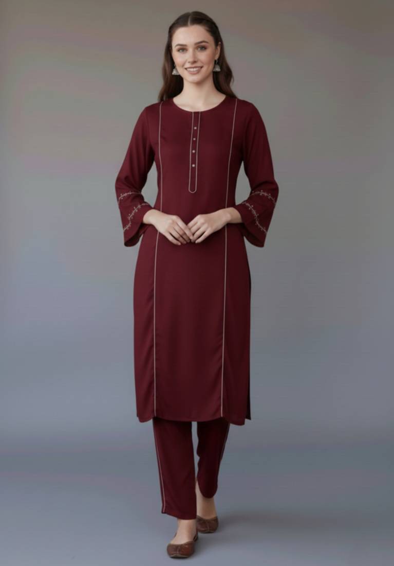 Maroon embroidered rayon kurta set