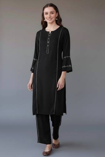 Black embroidered rayon kurta set