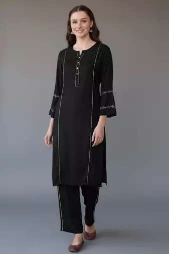 Black embroidered rayon kurta set