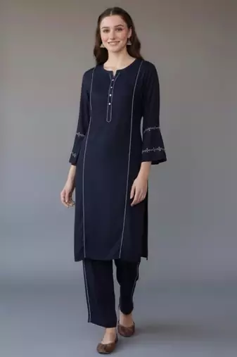 Navy embroidered rayon kurta set