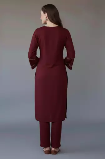 Maroon embroidered rayon kurta set
