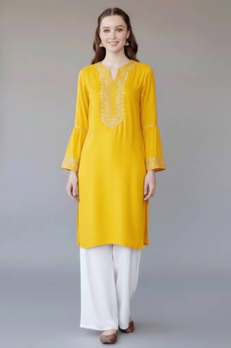 Yellow embroidered rayon kurta set