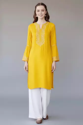 Yellow embroidered rayon kurta set