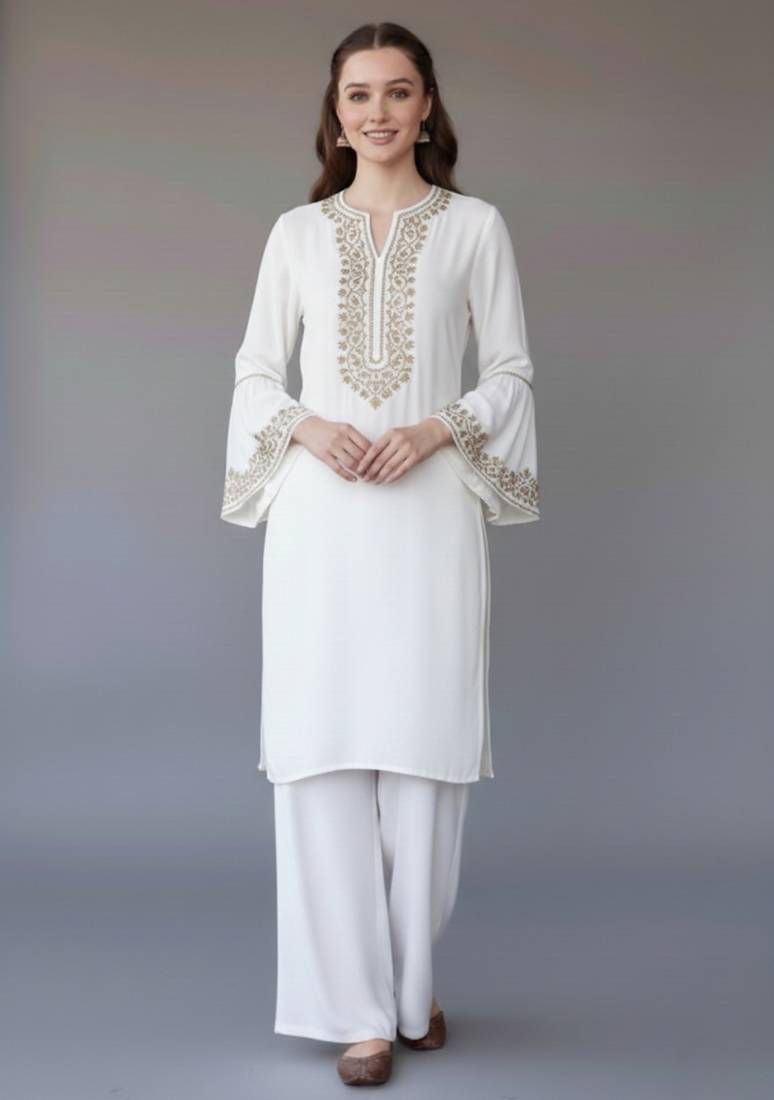 White embroidered rayon kurta set