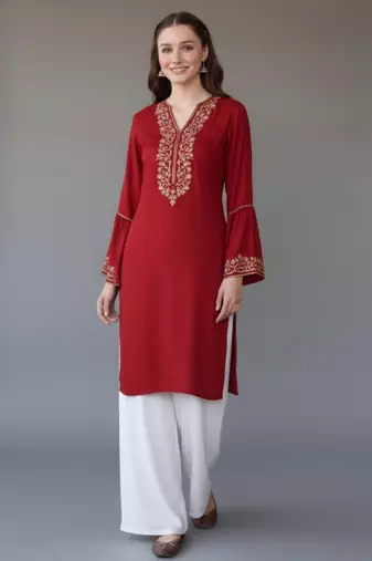 Red  embroidered rayon kurta set