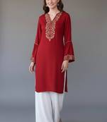 Red  embroidered rayon kurta set