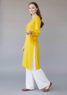 Yellow embroidered rayon kurta set 2