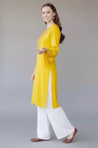 Yellow embroidered rayon kurta set