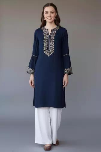 Navy embroidered rayon kurta set