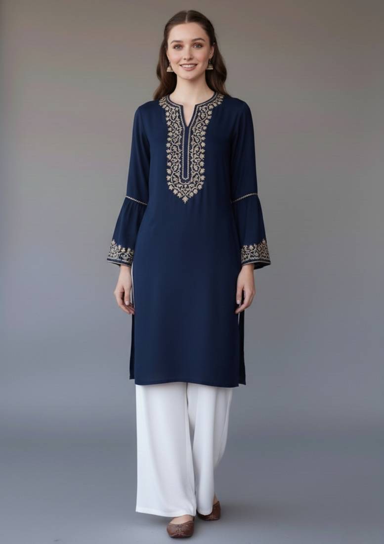 Navy embroidered rayon kurta set
