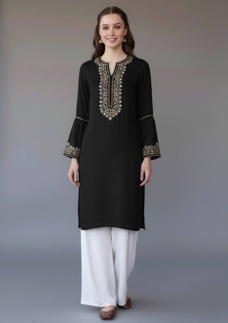 Black embroidered rayon kurta set