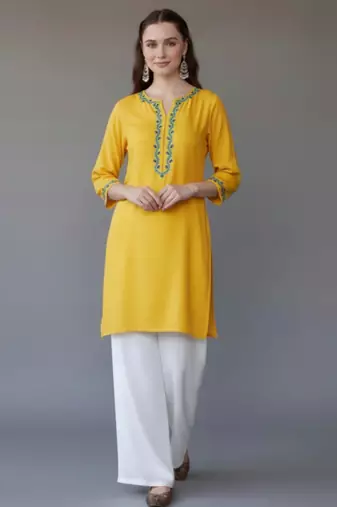 Yellow embroidered rayon kurta set