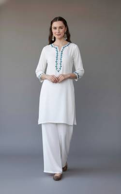 White embroidered rayon kurta set 1