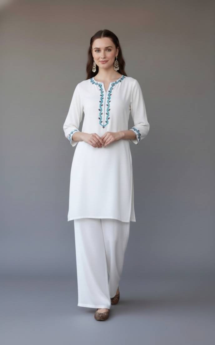 White embroidered rayon kurta set