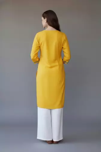 Yellow embroidered rayon kurta set