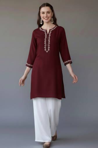 Maroon embroidered rayon kurta set