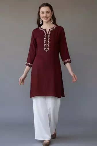 Maroon embroidered rayon kurta set