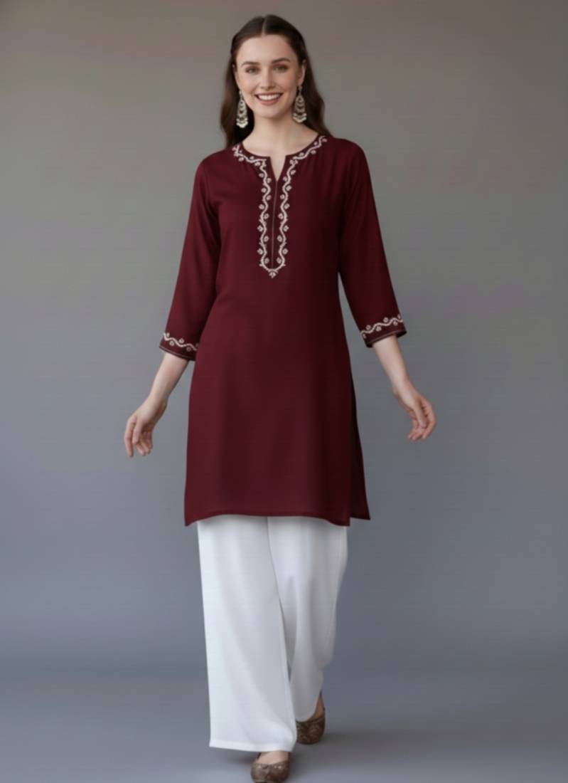 Maroon embroidered rayon kurta set