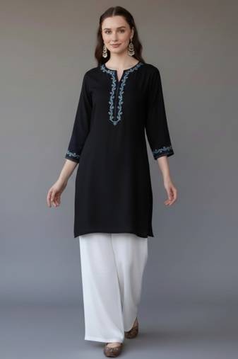 Black embroidered rayon kurta set