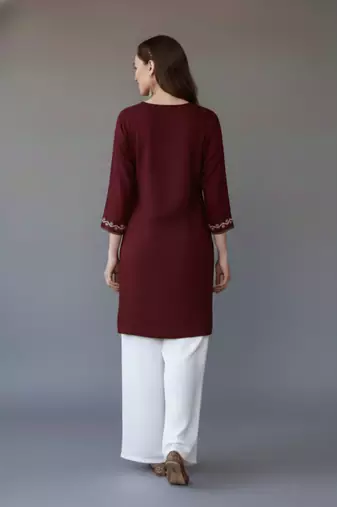 Maroon embroidered rayon kurta set