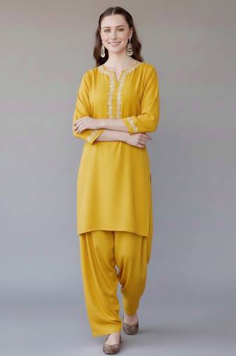 Yellow embroidered rayon kurta set
