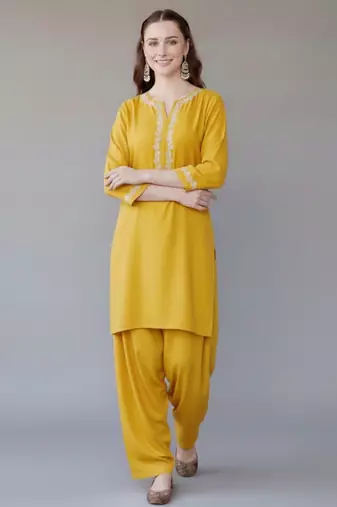 Yellow embroidered rayon kurta set