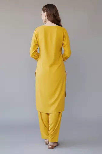 Yellow embroidered rayon kurta set