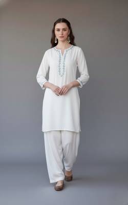 White  embroidered rayon kurta set 1
