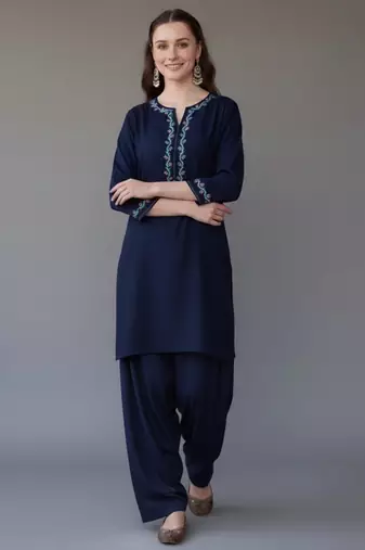 Navy embroidered rayon kurta set
