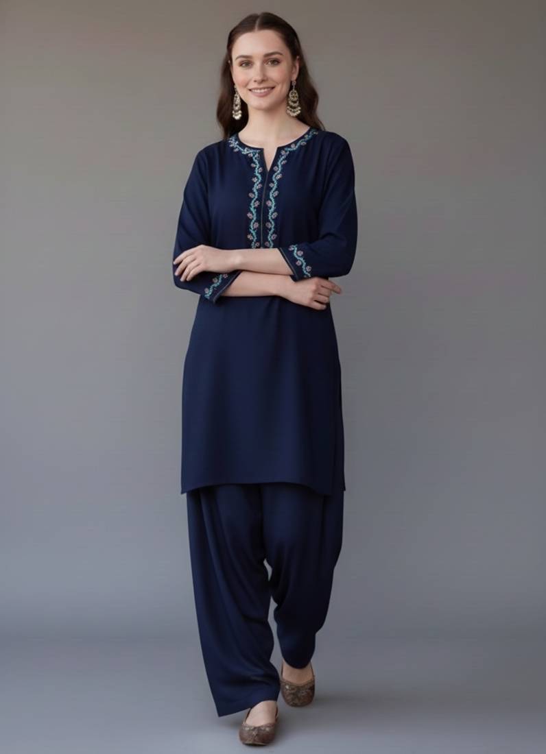 Navy embroidered rayon kurta set