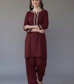 Maroon embroidered rayon kurta set