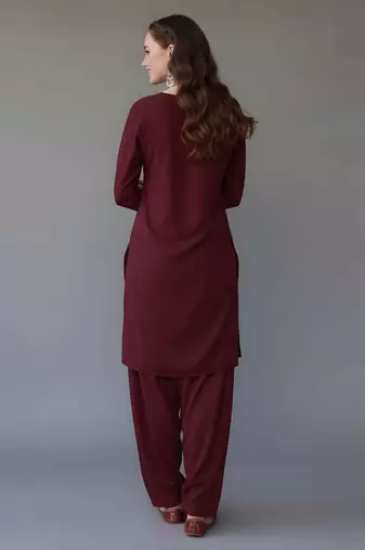 Maroon embroidered rayon kurta set