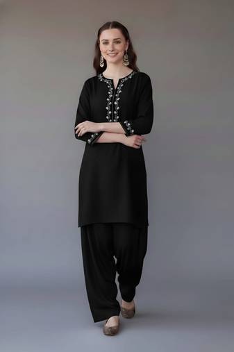 Black embroidered rayon kurta set