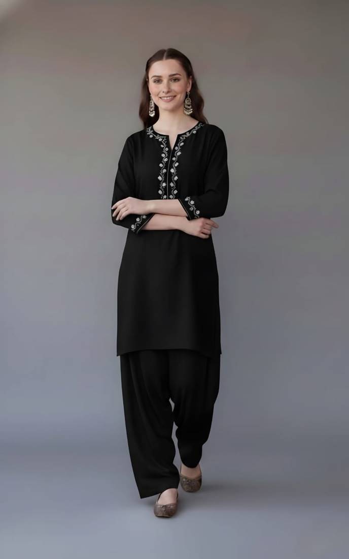 Black embroidered rayon kurta set