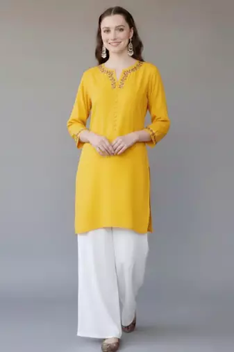 Red embroidered rayon kurta set