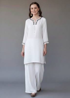 White  embroidered rayon kurta set 1